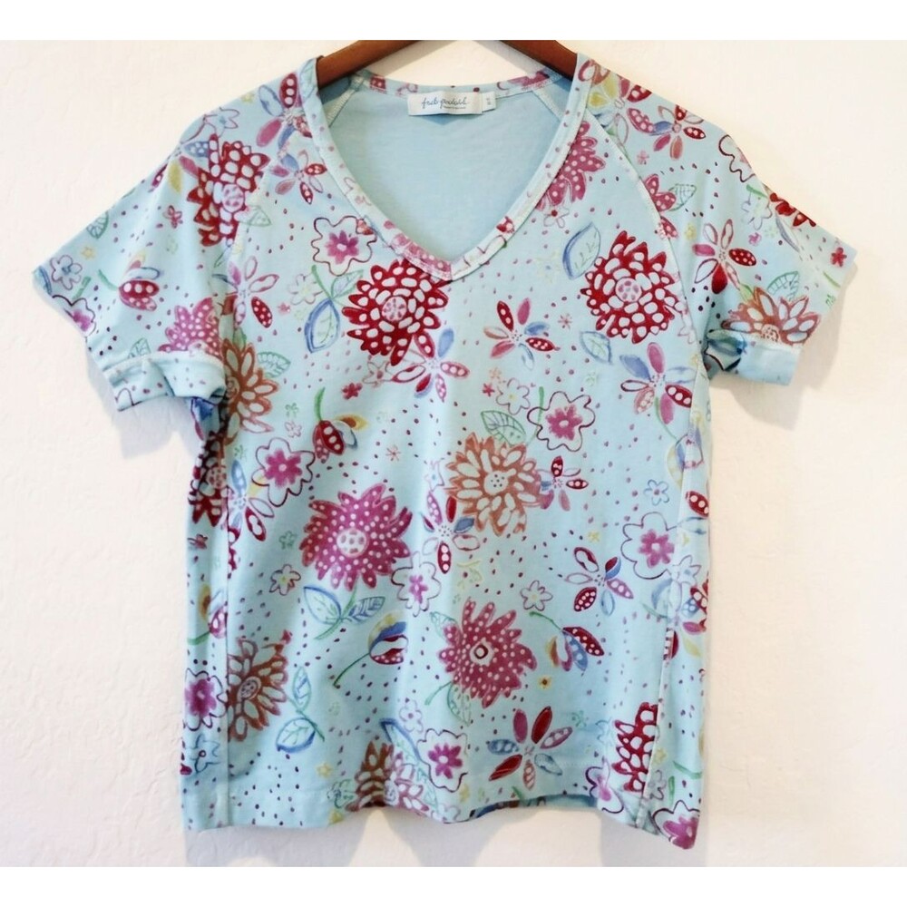 Vintage Fresh Produce Large Floral Top Tee V-Neck Blue Cotton USA Medium Fit